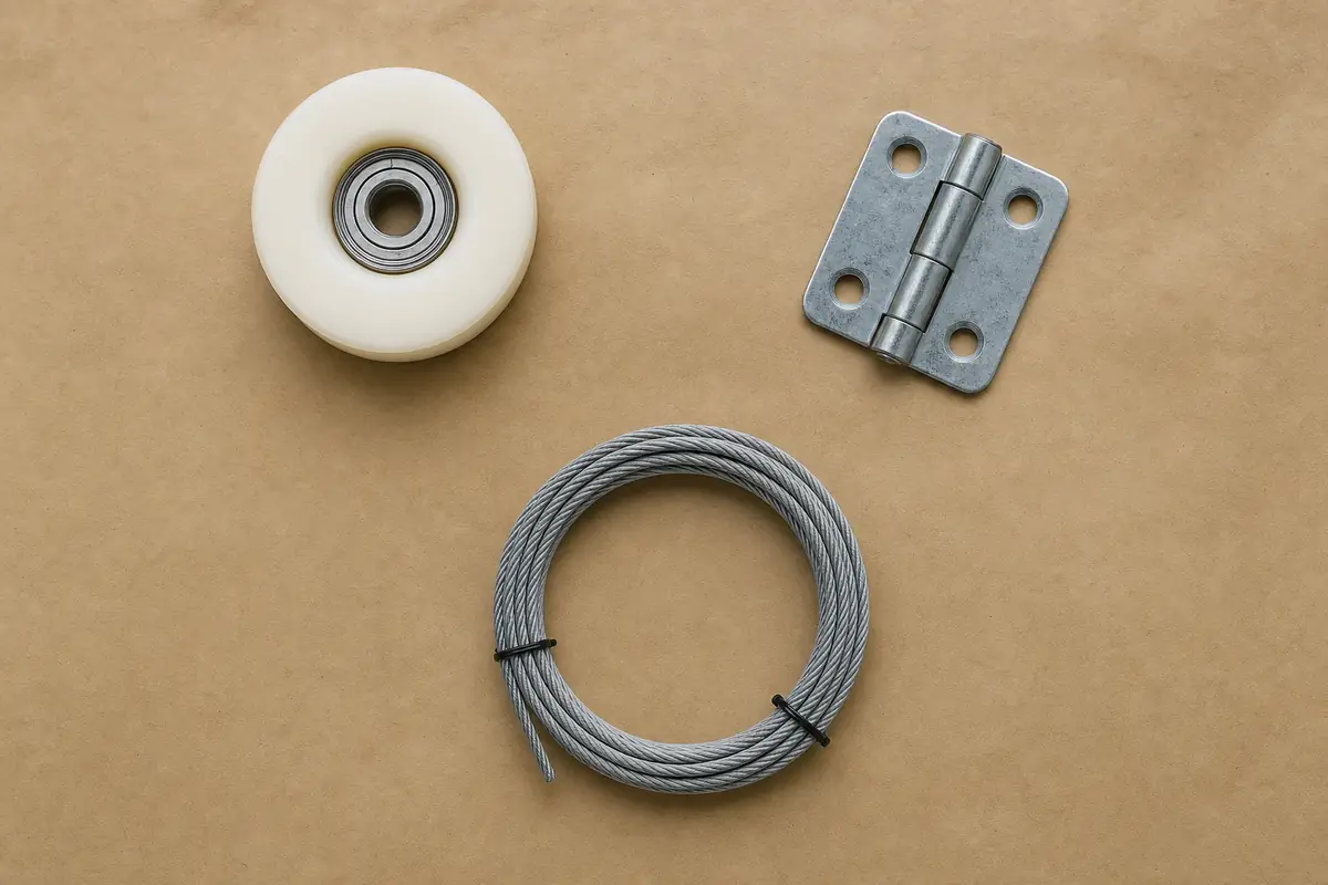 A new roller, hinge and coil of cable laid out on kraft paper