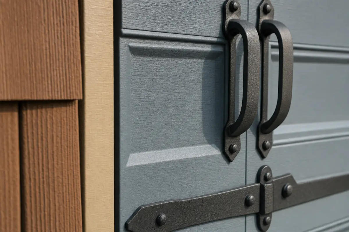 Raking light across an embossed timber-look door panel