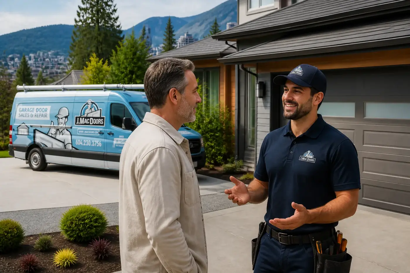 A J.Mac Doors technician talking with a homeowner after a repair