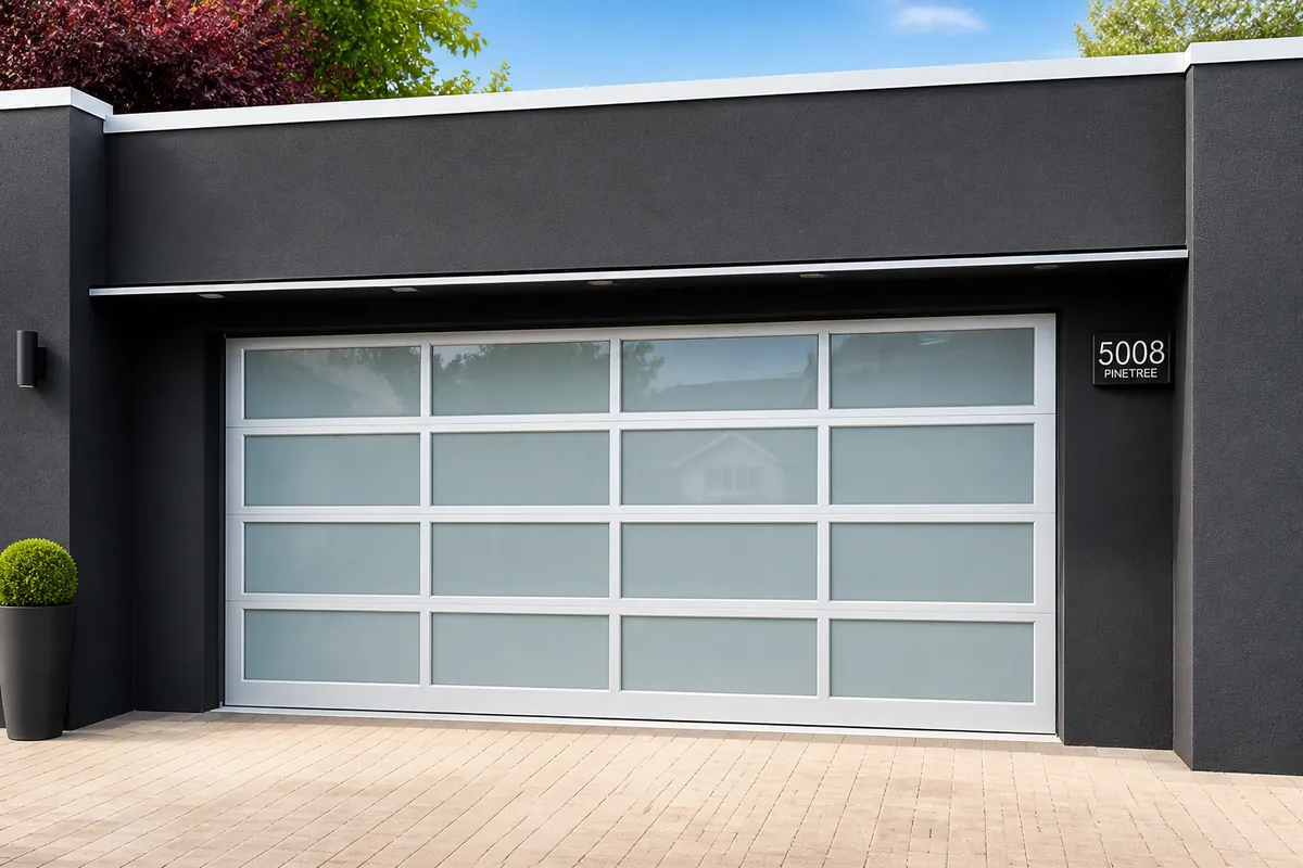 A finished full-view glass garage door on a West Vancouver home