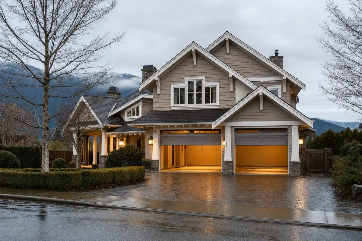 A Richmond home with its garage door raised halfway on a wet afternoon