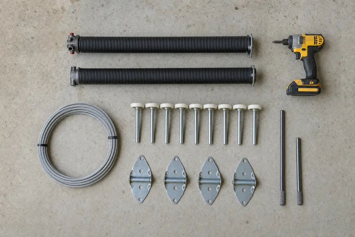 Garage door repair parts laid out on a concrete floor